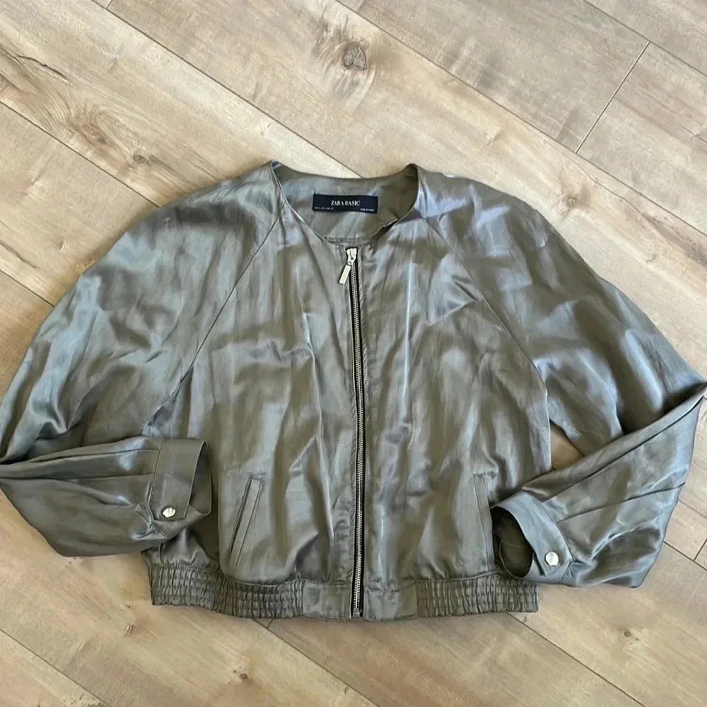 ZARA Lightweight Olive Viscose Linen Cotton Blend Bomber Jacket Sz S